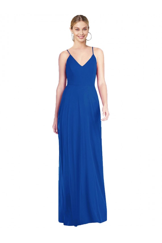 Azul real línea A Tirantes espagueti Cuello en V Gasa Largo Vestidos de dama de honor