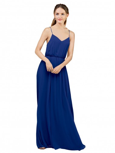 Azul real línea A Tirantes espagueti Gasa Largo Vestidos de dama de honor