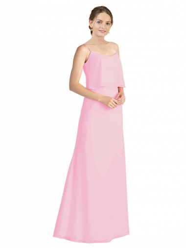 Barely rosa línea A Tirantes espagueti Gasa Largo Vestidos de dama de honor