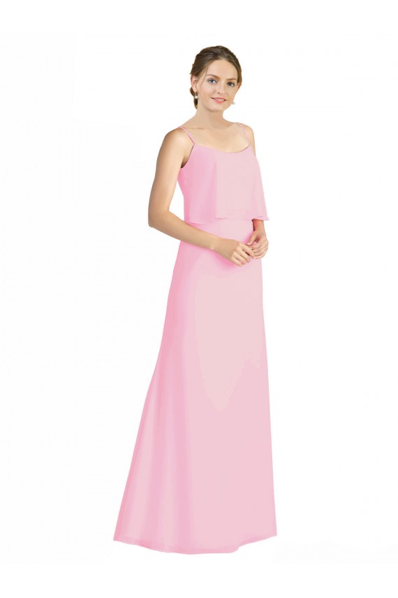 Barely rosa línea A Tirantes espagueti Gasa Largo Vestidos de dama de honor