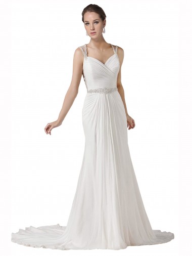 Blanco Cubierta Cuello de Corazón Cola capilla Gasa Playa Vestidos de novia