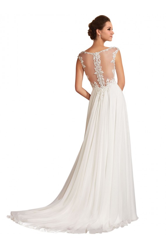 Blanco Cubierta Cuello en V Cola capilla Gasa Encaje Vestidos de novia