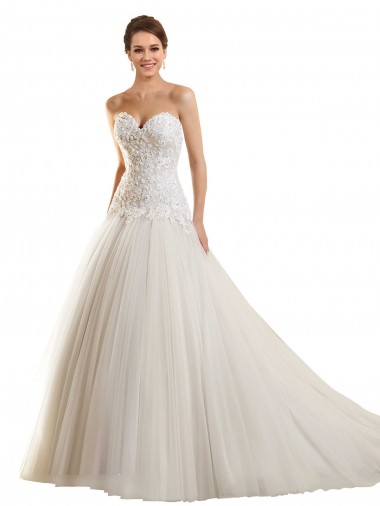 Blanco Cuello de Corazón Cola capilla Tul Encaje Vestidos de novia