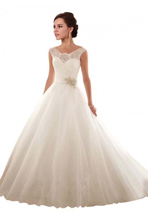 Blanco Hombros Descubiertos Cola capilla Tul Encaje Vestidos de novia