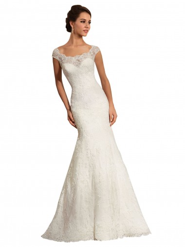 Blanco Sirena Barco Cola capilla Encaje Vestidos de novia