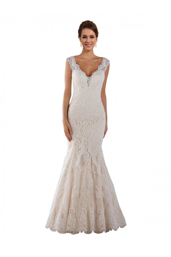 Blanco Sirena Cuello en V Cola capilla Encaje Vestidos de novia