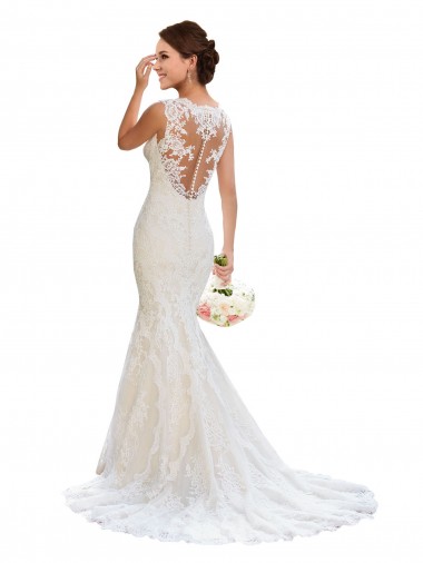 Blanco Sirena Cuello en V Cola capilla Encaje Vestidos de novia