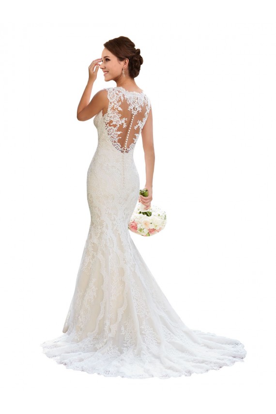 Blanco Sirena Cuello en V Cola capilla Encaje Vestidos de novia