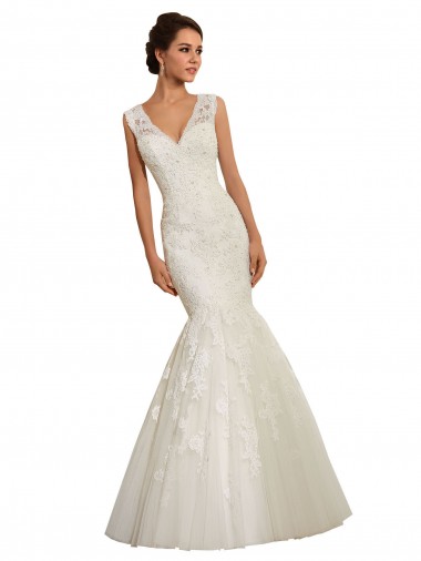 Blanco Sirena Cuello en V Cola capilla Tul Encaje Vestidos de novia
