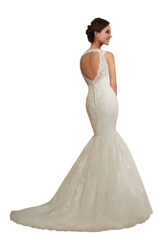 Blanco Sirena Cuello en V Cola capilla Tul Encaje Vestidos de novia