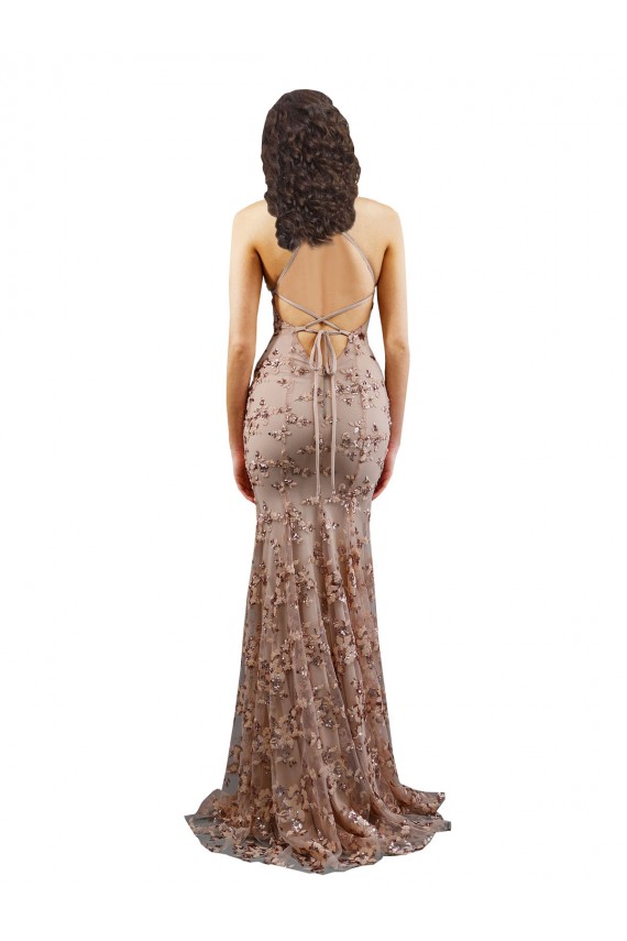 Oro rosa Sirena Cuello en V Cuello Alto Crepé Elástico Lentejuela Tul Largo Formales Vestidos de dama de honor / Vestidos de fiesta