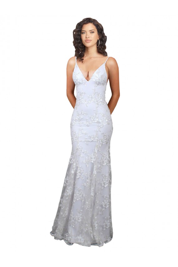 Blanco Sirena Cuello en V Cuello Alto Crepé Elástico Lentejuela Tul Largo Formales Vestidos de dama de honor / Vestidos de fiesta