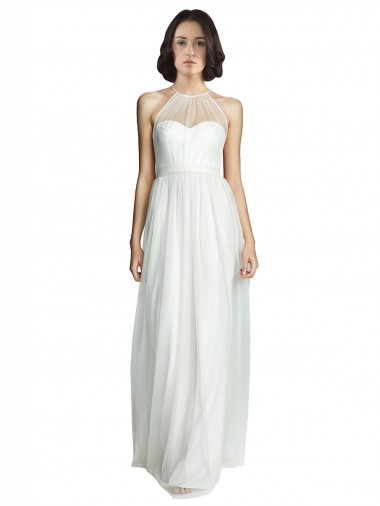 Blanco línea A Halter Cuello Alto Tul Largo Vestidos de dama de honor