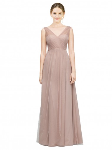 Blush línea A Cuello en V Tul Largo Vestidos de dama de honor