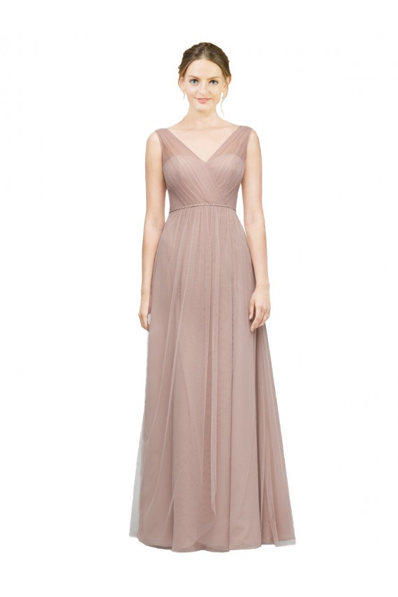 Blush línea A Cuello en V Tul Largo Vestidos de dama de honor