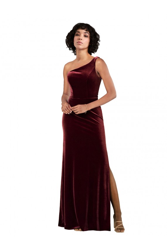 Borgoña Columna Un Hombre Terciopelo Elástico Largo Formales Vestidos de dama de honor / Vestidos de fiesta