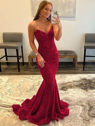 Borgoña Cubierta Cuello de Corazón Barrer tren Lentejuelas Terciopelo Largo Vestidos de fiesta