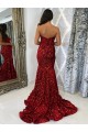 Borgoña Cubierta Cuello de Corazón Cola corte Lentejuelas Terciopelo Largo Vestidos de fiesta