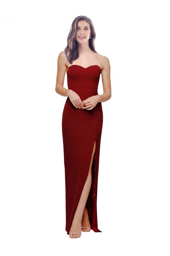 Borgoña Cubierta Cuello de Corazón Crepé Elástico Largo Formales Vestidos de dama de honor / Vestidos de fiesta