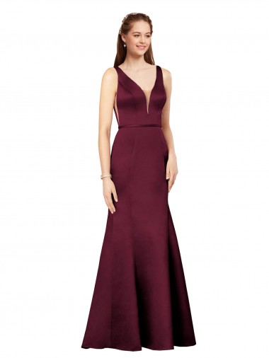 Borgoña Cubierta Cuello en V Satén Largo Formales Vestidos de dama de honor / Vestidos de fiesta