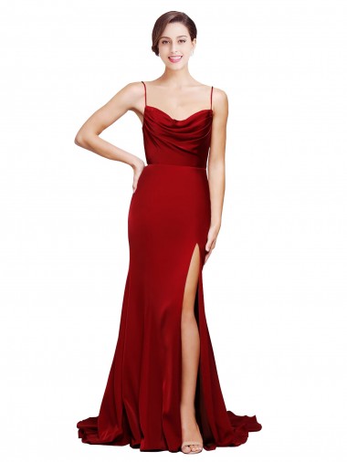 Borgoña Cubierta Tirantes espagueti Barrer tren Satén elástico Largo Formales Vestidos de dama de honor / Vestidos de fiesta