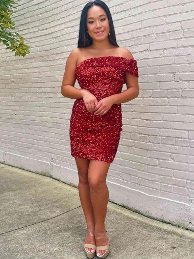 Borgoña Cubierta Un Hombre Corto Lentejuelas Terciopelo Corto Vestidos de fiesta