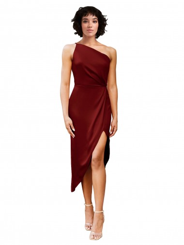 Borgoña Cubierta Un Hombre Midi Satén elástico Corto Formales Vestidos de dama de honor / Vestidos de fiesta / Vestidos de cóctel