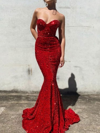 Borgoña Sirena Cuello de Corazón Cola corte Lentejuelas Terciopelo Largo Vestidos de fiesta