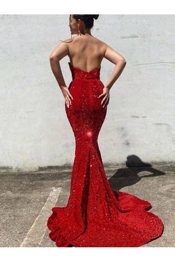 Borgoña Sirena Cuello de Corazón Cola corte Lentejuelas Terciopelo Largo Vestidos de fiesta