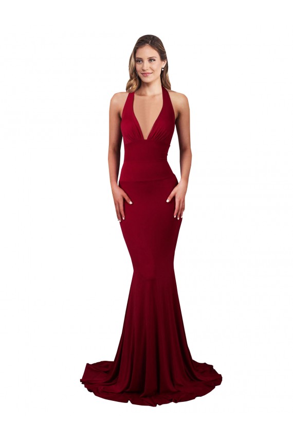 Borgoña Sirena Halter Cuello en V Spandex Largo Formales Vestidos de dama de honor / Vestidos de fiesta