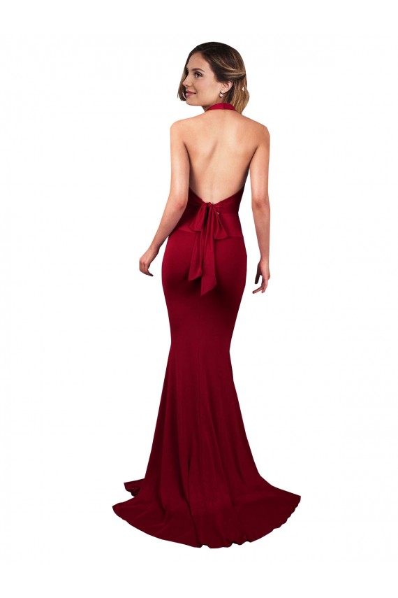 Borgoña Sirena Halter Cuello en V Spandex Largo Formales Vestidos de dama de honor / Vestidos de fiesta