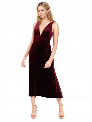 Borgoña línea A Cuello en V Midi Terciopelo Elástico Corto Vestidos de dama de honor / Vestidos de fiesta / Vestidos de cóctel