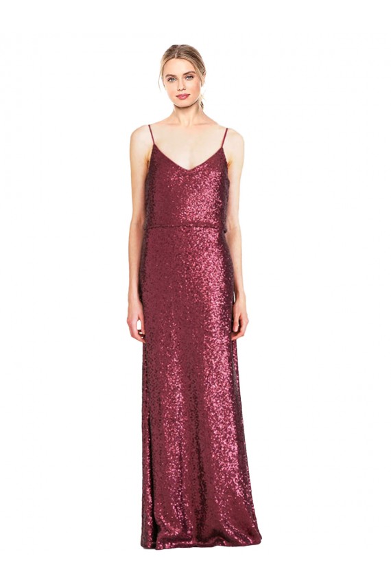 Borgoña línea A Halter Cuello Alto Lentejuela Largo Formales Vestidos de dama de honor / Vestidos de fiesta