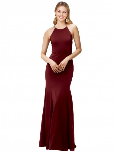 Borgoña oscuro Sirena Halter Cuello Alto Crepé Elástico Largo Formales Vestidos de dama de honor / Vestidos de fiesta