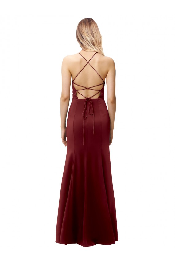 Borgoña oscuro Sirena Halter Cuello Alto Crepé Elástico Largo Formales Vestidos de dama de honor / Vestidos de fiesta