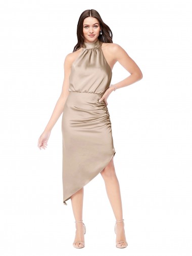 Champán Rosa línea A Halter Midi Satén sedoso Corto Asimétrico Vestidos de dama de honor / Vestidos de fiesta / Vestidos de cóctel / Vestidos para homecoming