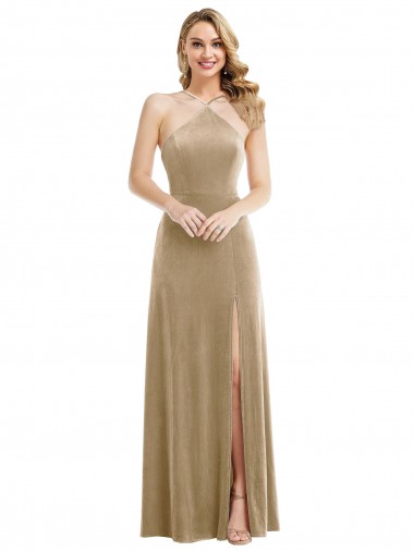 Champán línea A Halter Cuello Alto Terciopelo Elástico Largo Vestidos de dama de honor / Vestidos de fiesta