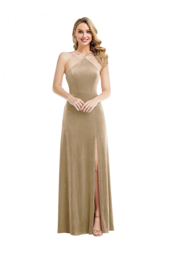 Champán línea A Halter Cuello Alto Terciopelo Elástico Largo Vestidos de dama de honor / Vestidos de fiesta