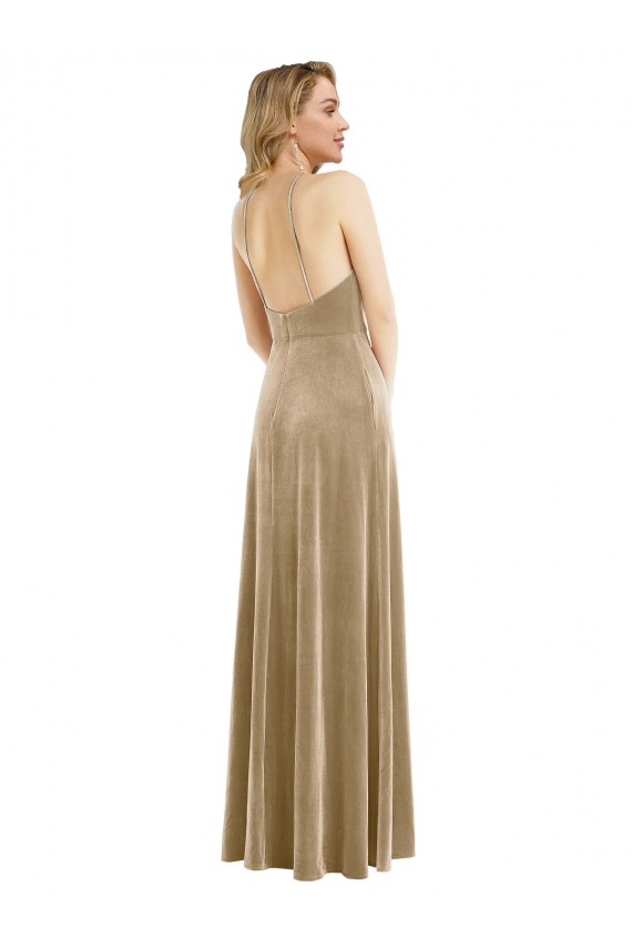 Champán línea A Halter Cuello Alto Terciopelo Elástico Largo Vestidos de dama de honor / Vestidos de fiesta