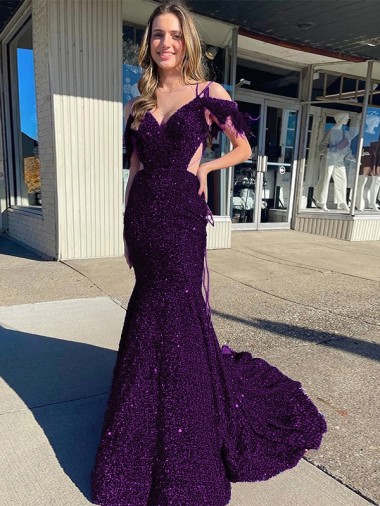 Ciruela Cubierta Tirantes espagueti Cuello en V Cola corte Lentejuelas Terciopelo Largo Vestidos de fiesta