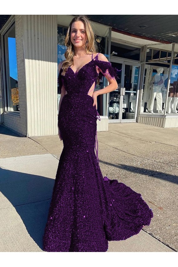 Ciruela Cubierta Tirantes espagueti Cuello en V Cola corte Lentejuelas Terciopelo Largo Vestidos de fiesta