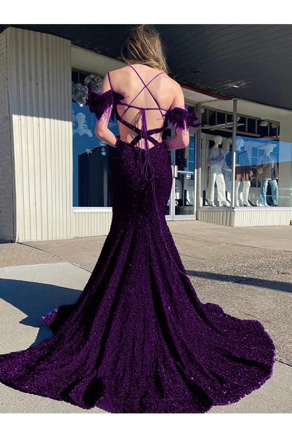 Ciruela Cubierta Tirantes espagueti Cuello en V Cola corte Lentejuelas Terciopelo Largo Vestidos de fiesta
