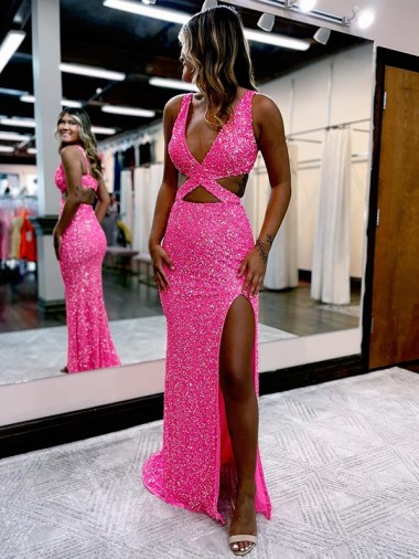 Color mostrado Cubierta Cuello en V Barrer tren Lentejuelas Terciopelo Largo Vestidos de fiesta