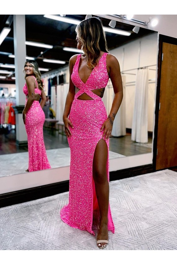 Color mostrado Cubierta Cuello en V Barrer tren Lentejuelas Terciopelo Largo Vestidos de fiesta