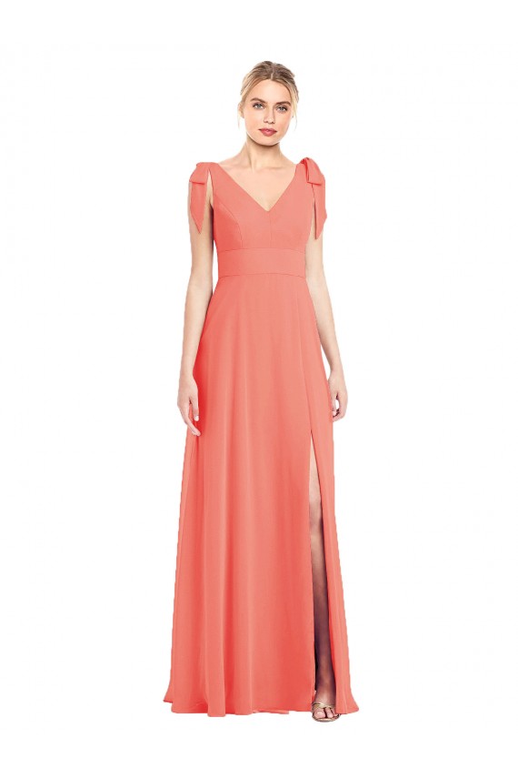 Coral Trompeta Cuello en V Gasa Largo Vestidos de dama de honor