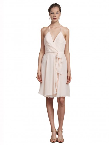 Crema Rosa línea A Halter Cuello en V Gasa Corto Vestidos de dama de honor / Vestidos de cóctel / Vestidos para homecoming
