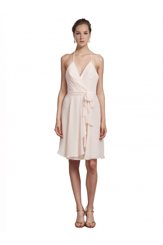 Crema Rosa línea A Halter Cuello en V Gasa Corto Vestidos de dama de honor / Vestidos de cóctel / Vestidos para homecoming