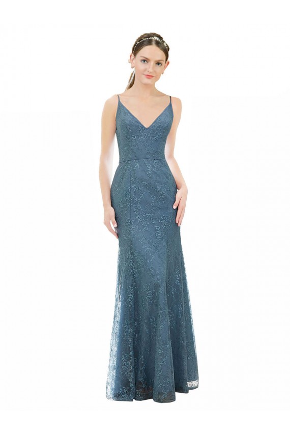 Cubierta Tirantes espagueti Cuello en V Encaje Largo Vestidos de dama de honor