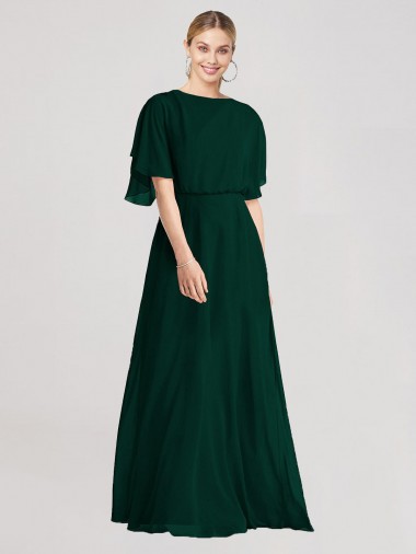 Evergreen línea A Cuello redondo Gasa Largo Vestidos de dama de honor
