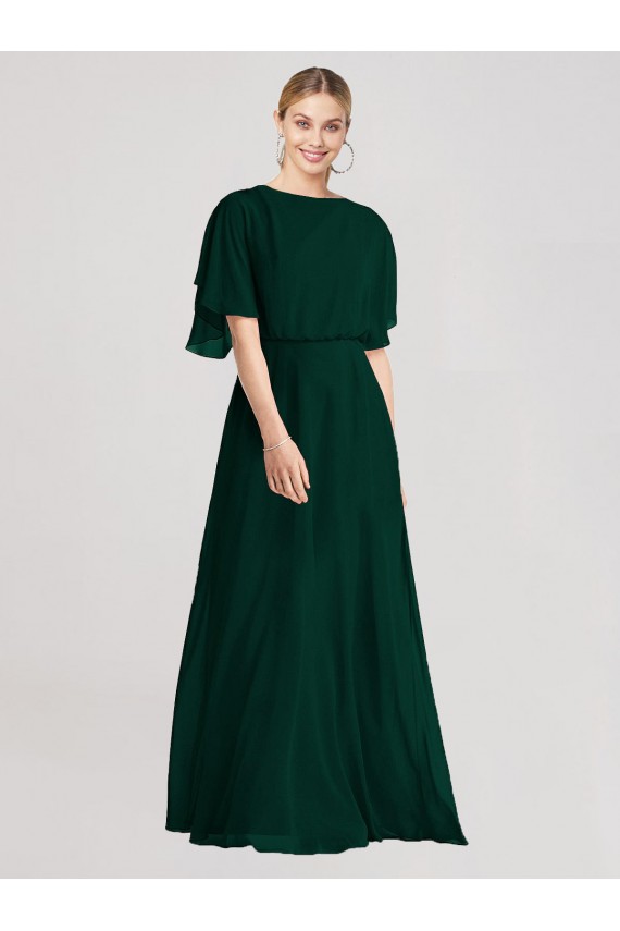 Evergreen línea A Cuello redondo Gasa Largo Vestidos de dama de honor